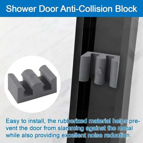 4-Piece Framed Silicone Shower Door Bumpers For Sliding Glass Doors, grey, from side view, showing installation and material details.