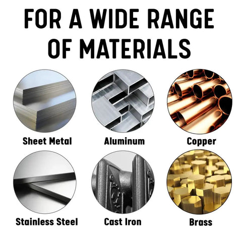 Sheet metal, aluminum, copper, stainless steel, cast iron, and brass materials shown in circular images for diverse applications.