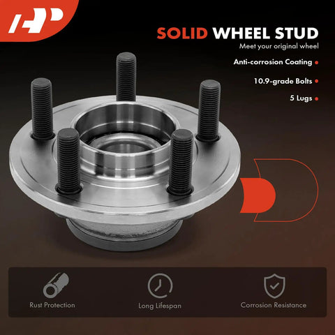 Two Front Wheel Bearing And Hub Assembly Set Direct Fit For Dodge Challenger Charger Magnum And Chrysler 300 2005 Through 2014 RWD Vehicles With Ball Bearing High Load Capacity Replacements, featuring anti-corrosion coated solid wheel stud with 10.9-grade bolts and 5 lugs.