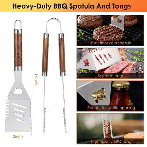 Front view of heavy-duty BBQ spatula and tongs from 34 Piece Heavy Duty BBQ Grilling Accessories Kit For Outdoor Grilling And Camping With Stainless Steel Utensils Spatula Tongs Fork Meat Knife Basting Brushes Cleaning Brushes Meat Injector Salt Pepper Shakers Corn Holders Skewers Grilling Glove And Bag.