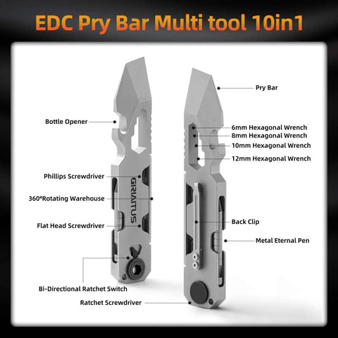 Everyday Carry Pry Bar Multitool With Bi Directional Ratchet Screwdriver And Everlasting Pen Wrenches Crowbar Bottle Opener And Box Opener for camping and daily adventures, front and side view.