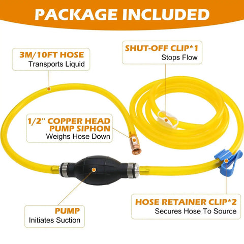 Portable Hand Fuel Transfer Pump With 10 Ft Siphon Hose, High Flow Gasoline Diesel Transfer, includes pump, hose, and clips