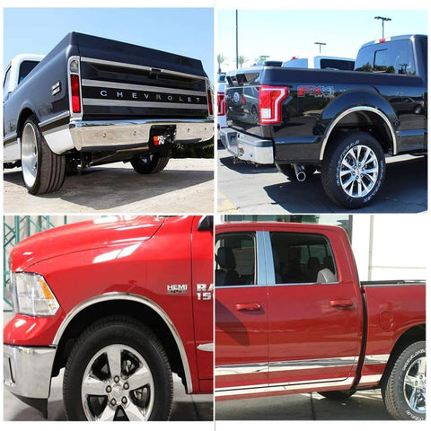 Trucks with 16Ft Chrome Car Trim Molding 1 Inch Self Adhesive UV Protected Scratch Resistant installed on side panels.