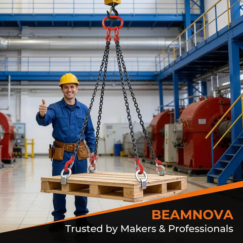 Front view of BEAMNOVA four-leg lifting chain sling with hooks, black chains and red hardware lifting a wooden pallet