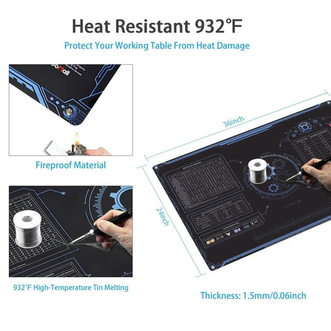 ESD Safe 36 By 24 Inch Rubber Mat Kit for electronics repair showing heat resistance and fireproof design, with soldering in progress.