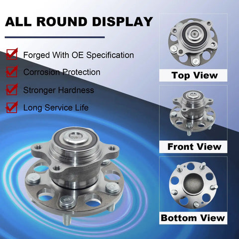 Rear Wheel Bearing Hub Assembly For Honda Civic 2006-2011 And Acura CSX 2006-2011 Beefed Up Rear Left Or Right 5 Lug Bolt On Replacement 512256 Compatible With 42200SNAA51 42200SNAA52 BR930340, shown in top, front, and bottom views.