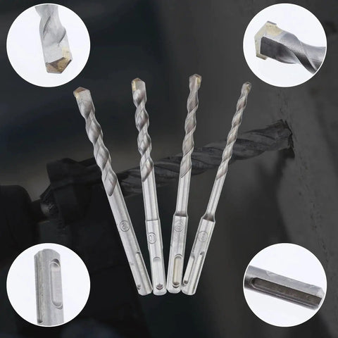 Heavy Duty Pro Grade SDS Plus Rotary Hammer Bit Set For Concrete And Masonry With Carbide Tips Diameters 6mm 8mm 10mm And 12mm 4 Piece Pack By Rannb For SDS Plus Drills Built For Cement Stone Brick Walls And Masonry Projects, shown with close-up of carbide tips and shanks.