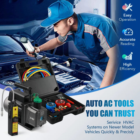PB Motor TECH vacuum pump kit in open case with 3‑way AC manifold gauge and colorful hoses