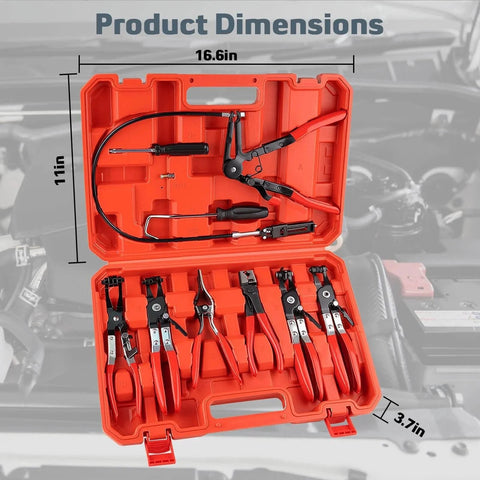 9 Piece Hose Clamp Pliers Set Long Reach Tool Kit For Water Hoses And Radiator in open red carry case