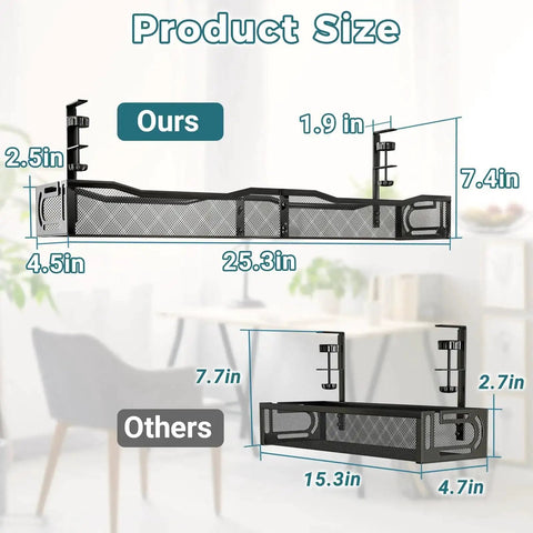 Comparison of Under Desk Cable Management Tray With Clamp No Drill Installation showcasing 25.3-inch large capacity metal tray dimensions.