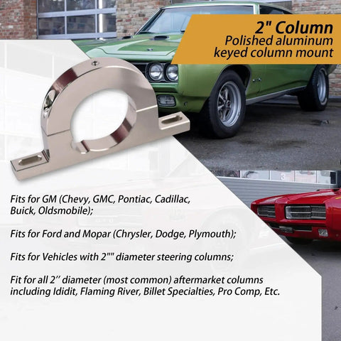 Universal 2 Inch Steering Column Drop Mount Keyed Polished Aluminum Clamp displayed with classic cars in the background.