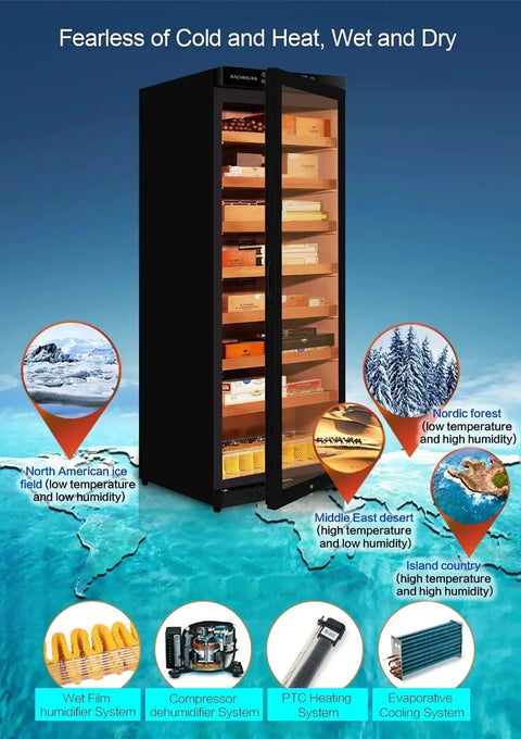 Premium 380L Humidor Cabinet With Constant Temperature And Humidity Wood Frame In Piano Black Finish, displaying cedar trays.