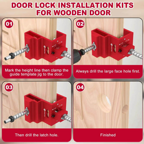 DIY Friendly Heavy Duty Door Lock Installation Kit With Guide Template And Aluminum Jig for wooden doors, drilling steps 1 to 4.