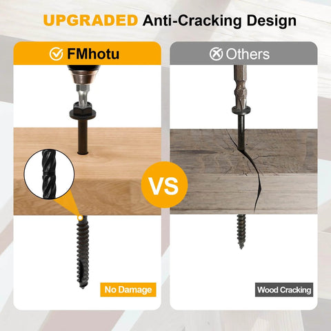 Comparison of 14 By 6 Inch Wood Structural Screws showing no wood damage with upgraded design vs wood cracking with others.