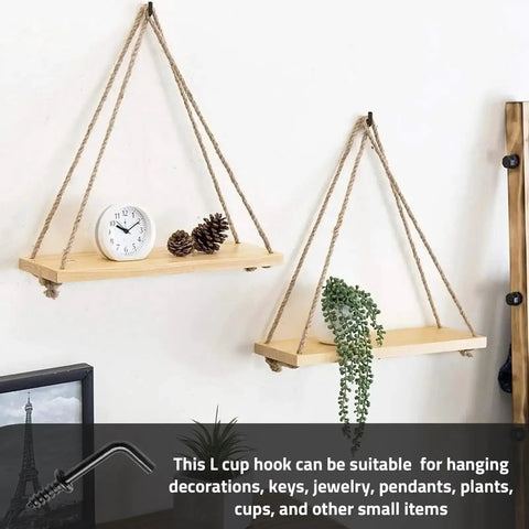 Two wooden hanging shelves with decor items using 100 Pack Half Inch L Shaped Screw Hooks Right Angle Metal Hooks. 
