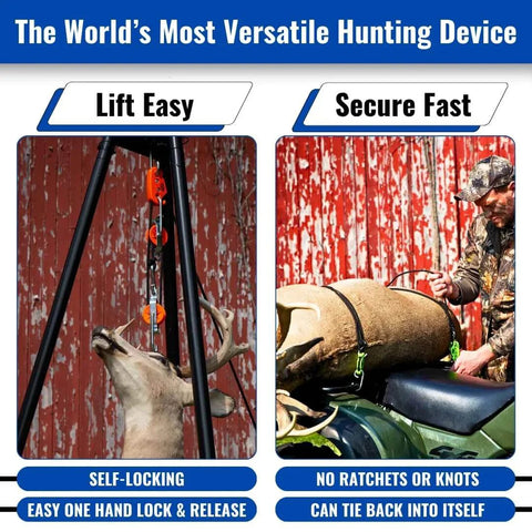 Self Locking Block and Tackle Hoist System With 35 Ft Polypropylene Rope, 300 Lb Capacity in use for hunting and lifting deer carcass.