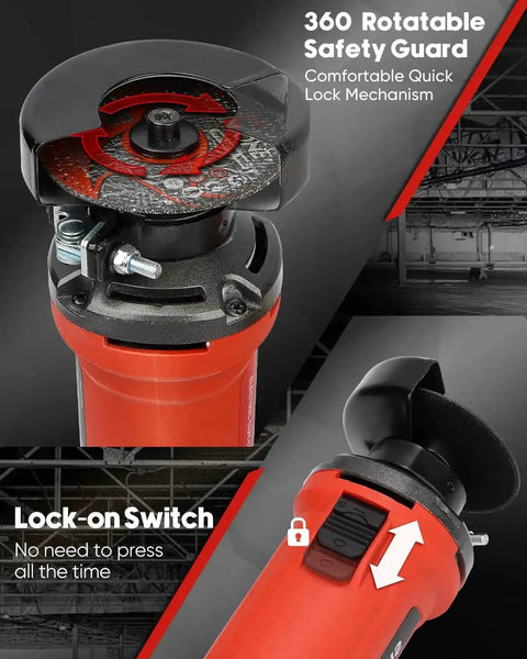 3 Inch High Speed Cut Off Tool With 3.5 Amp Motor And 24000 RPM, showing 360 rotatable safety guard and lock-on switch features.