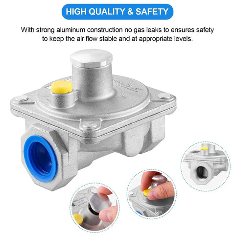 Natural Gas Grill Regulator With Three Quarter Inch FNPT Inlet And Outlet Catilon, aluminum construction, yellow safety valve