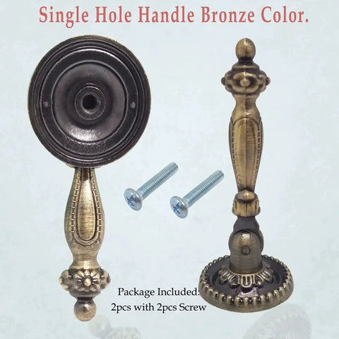 Two Pack Vintage Style Single Hole Drawer Pull Handles In Antique Bronze Finish With Screws, Zinc Alloy, 65mm Total Length