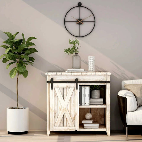 Living room with white wooden cabinet featuring 4Ft Sliding Barn Door Hardware Kit For Cabinets And Closets Single Door Track Set.