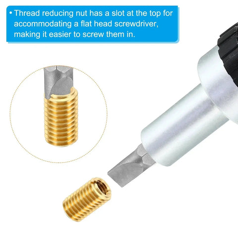 Brass repair insert nuts set, 5 pcs; M16x1.5 male to M12x1.75 female reducing sleeves, 20 mm, with driver bit