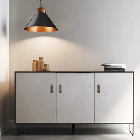 Modern cabinet with 6 inch recessed flush pull door handles in a room, showcasing oval finger pulls with vintage red copper and stainless finish.