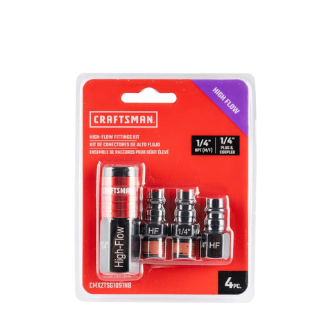 High Flow Aluminum Air Fittings Kit, Four Piece Set With One Quarter Inch NPT Threads in retail packaging