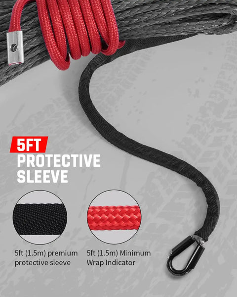 Close-up of 5ft premium protective sleeve for Heavy Duty 1/4 Inch By 50 Foot Synthetic Winch Rope With 10,000 Lbs Break Strength For Offroad 4WD ATV UTV Use Includes Forged Winch Hook And Rubber Stopper In Gray DAYDOOR.
