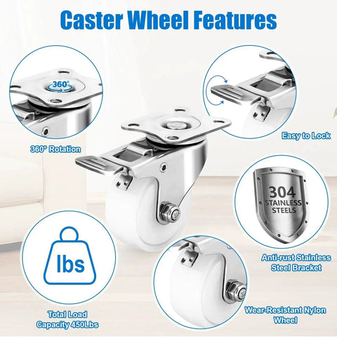 2 Inch Stainless Steel Caster Wheels Set Of 4 For Outdoor Use, Anti Rust Swivel Casters With Durable Polyamide PA Wheels features diagram