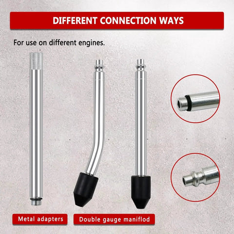Metal adapters and double gauge manifold from Cylinder Leak Down Tester Kit For Automotive Engine Diagnosis And Compression Testing, Leakage Detector Tool Set With Pressure Gauges To Locate Piston Ring Wear, Cylinder Head Cracks, Valve Wear And Seals, Light Red TU-21