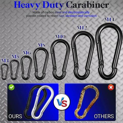 Comparison of carabiner sizes, featuring M5 from Two Inch Heavy Duty Carabiner Clips Pack Of 50 M5 Black Galvanized Steel Spring Snap Hooks Rust Resistant For Keychains Hammock Camping Hiking Fishing Swing Sets And Outdoor Gear Load Capacity Up To 220 Lbs