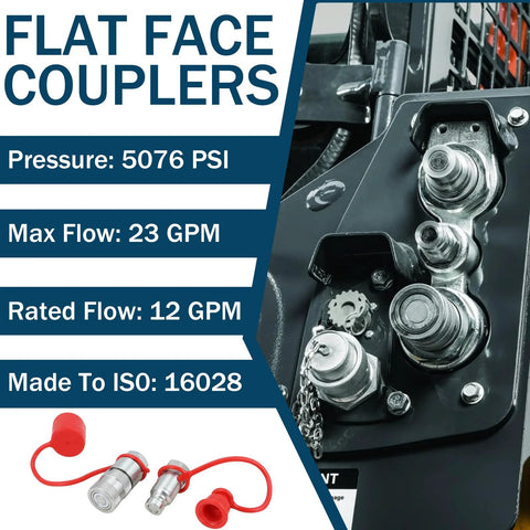1/4 in skid steer flat-face hydraulic quick-connect couplers with red dust caps, pair, ISO 16028