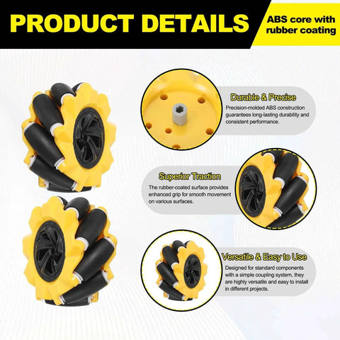Product details of 2 Pack Mecanum Wheels Set for Smart Robot Cars and DIY Models, featuring omnidirectional design, yellow ABS rubber coating.