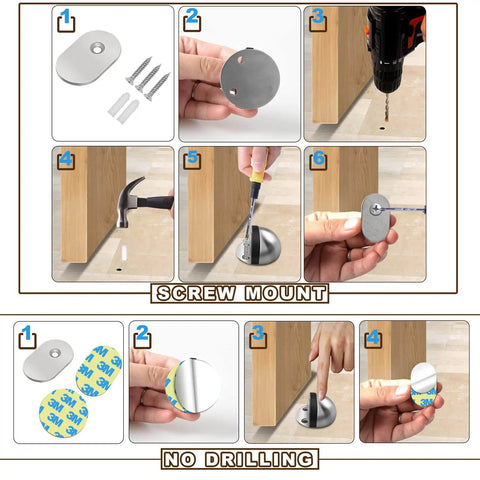 Installation guide for Magnetic Door Stop With Self Adhesive Mount, Brushed Nickel Stainless Steel Floor Stop For Bottom Of Door, No Drill Easy Install Door Holder Catch, Fits Gaps Under One Half Inch, Silver