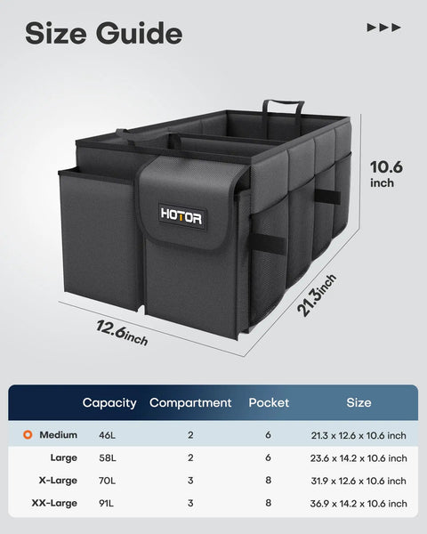 Foldable Car Trunk Organizer For SUVs And Sedans With Two Large Compartments And Six Mesh Pockets Keeps Groceries Tools And Gear Neat And Ready For Any Trip On The Go In Black size guide with dimensions.