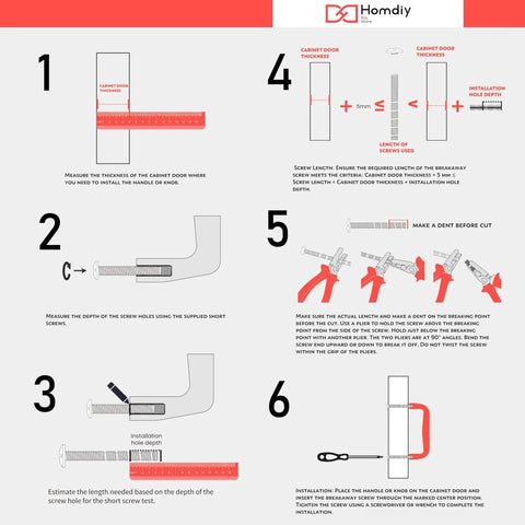 Installation guide showing six steps for installing 10 Pack Brushed Nickel Cabinet Pulls 3 Inch Hole Centers, 6 Inch Total Length, 1.34 Inch Height Stainless Steel Handles for Cabinets and Drawers, Rust Resistant, Elegant Square Design.