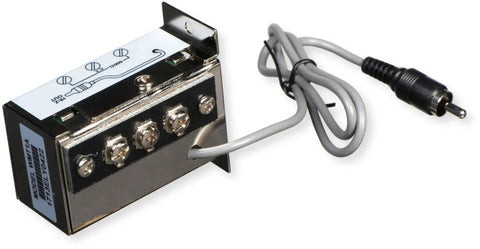 Line Matching Transformer For 10 kOhm Hi-Z To 600 Ohm Balanced Audio in a compact steel enclosure with RCA and screw terminals.