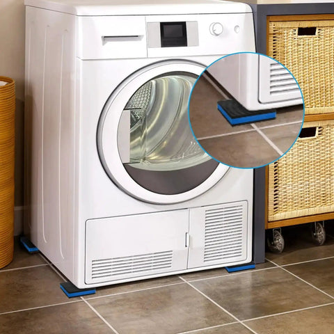 Washing machine placed on Eight Pack Beefy Rubber Anti Vibration Pads 4 Inch Square Seven Eighths Inch Thick for floor protection.