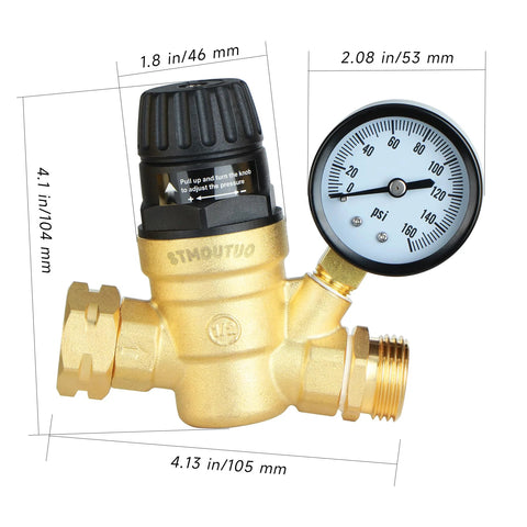 STMOUTUO brass RV camper water pressure regulator with 0-160 psi gauge and adjustable knob, front-right view.