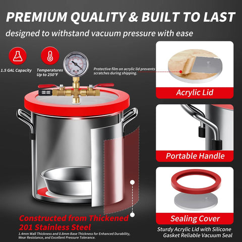 ROGVOC 1.5 gallon vacuum chamber in 201 stainless steel with acrylic lid, gauge, and 4.9 ft hose