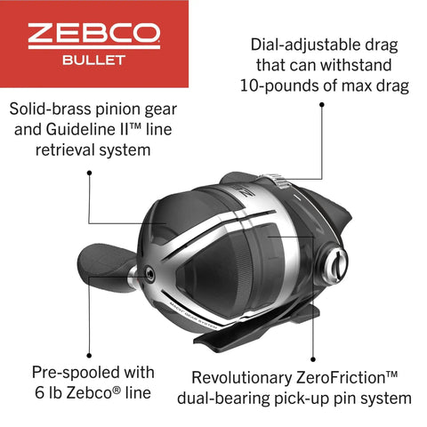 Bullet Spincast Fishing Reel With 28.9 Inches Per Turn Fast Retrieve 5.8 To 1 Gear Ratio All Metal Construction Solid Brass Pinion Gear Pre Spooled With 6 Pound Line Size 20 Black By Zebco, featuring adjustable drag and ZeroFriction system.