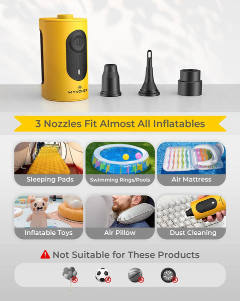 Portable air pump for inflatables by Hyvohex, yellow, 4000mAh, with 3 nozzles for sleeping pads and pool floats