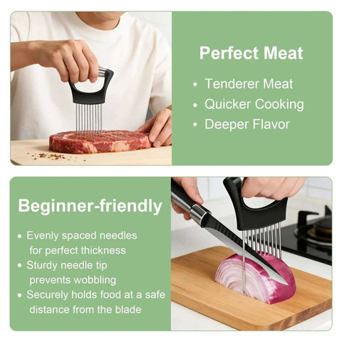 Person using Stainless Steel Onion Holder And Slicer With Crinkle Cutter Multitool Kitchen Gadget With Ergonomic Handle Onion Slicer Meat Tenderizer Veggie Cutter For Potatoes Lemons Tomatoes And More, slicing meat and onion on cutting board.
