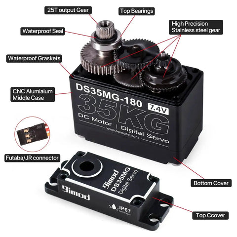 Close-up of Waterproof 35Kg Beefy Torque RC Steering Servo with full metal gears and digital high speed, showing parts and features.