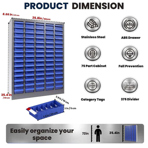 75 Drawer Parts Cabinet For Garage And Workshop, Heavy Duty Stainless Steel Nut And Bolt Organizer With 140 Labels And 375 Dividers, 35 Inch High By 26 Inch Deep By 9 Inch Wide, Built To Tackle Small Parts And Hardware.