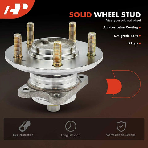 Rear Wheel Bearing Hub Assembly Set 2 Pack For Kia Optima 2006 2007 2008 And Magentis 2006 2007 2008 2009 2010 5 Lug Non ABS Brakes Compatible High Load Replacement showcasing solid wheel stud, anti-corrosion coating, 5 lugs, rust protection and corrosion resistance.