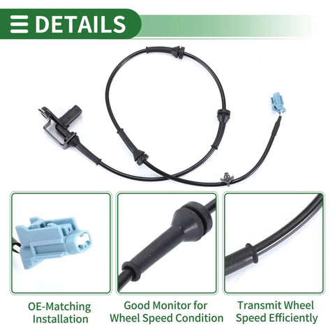 Front view: Motoforti ABS wheel speed sensor for Nissan 350Z front-left, black cable with blue connector.