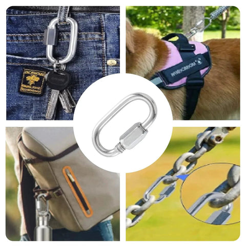 304 Stainless Steel D Shaped Locking Quick Link Carabiner Set Of 10 used for keys, pet leash, bag strap, and chain connection.