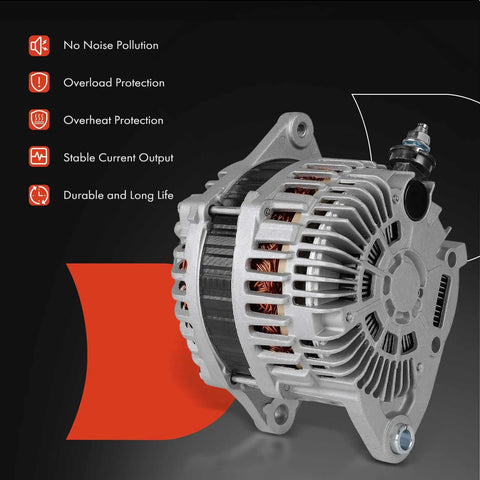 130 Amp 12V Alternator For Nissan Altima 2011 2018 V6 3.5L Maxima 2011 2014 2016 2018 Murano 2017 2018 Power Up Your Ride With 7 Groove Pulley Clockwise Rotation Drop In Replacement To Meet 11557N 2104007 23100JA11B 2310MJA11BRW Specs image showing front view of alternator with features