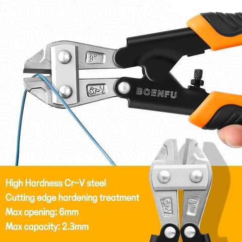 8 Inch Portable Mini Bolt Cutter With Spring Loaded Action And Anti Slip Handle cutting metal wire, max opening 6mm.